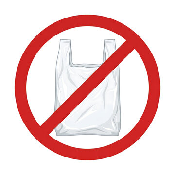 A white plastic shopping bag with handles inside a red prohibition circle, symbolizing a ban on plastic bags.