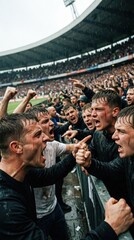Fototapeta premium Football fans confronting each other across stadium barrier in rain. Concept of soccer journalism, conflict prevention, crowd safety training and supporter behavior research.