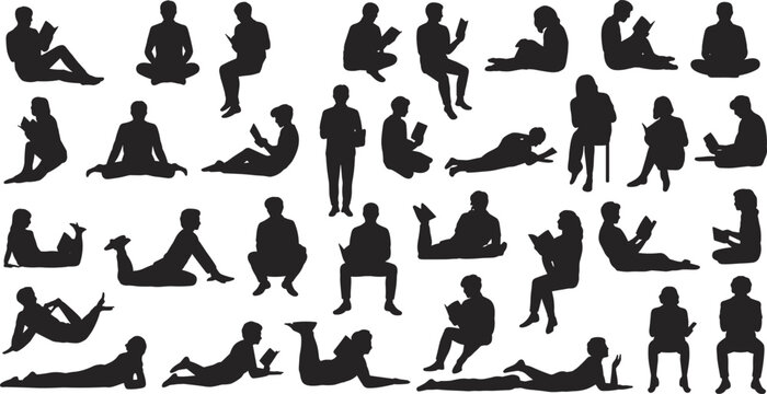 Collection of people silhouettes reading books sitting lying various poses vector