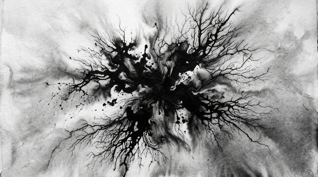 Abstract Black Ink Splatter Explosion on White Background.