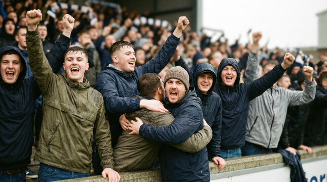 Joyful football supporters hugging and celebrating in stadium crowd. Concept of soccer promotion, victory campaigns, fan community content, supporter engagement and live sports media coverage.