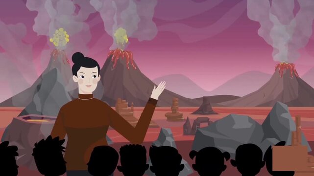 Animated Geologist Professor Explaining Volcanic Eruption to Public Audience, Earth Science Geography Education Seminar