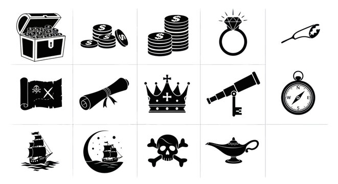 Pirate treasures and symbols are displayed on a surface.