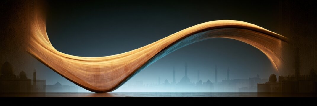 A bridge connects two different cultural landscapes, created in a 3D render, featuring an abstract design and warm glow against a dark background