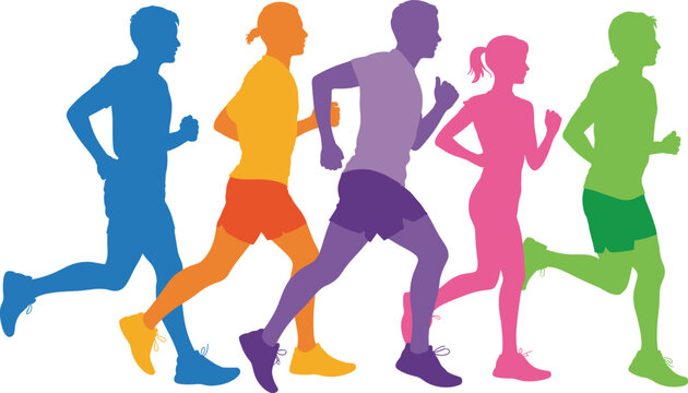 Colorful running silhouettes mid stride teamwork diversity fitness activity illustration, flat vector