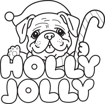 Coloring pages of Cute funny Bulldog sticker icon. Outline of Bulldog with christmas theme