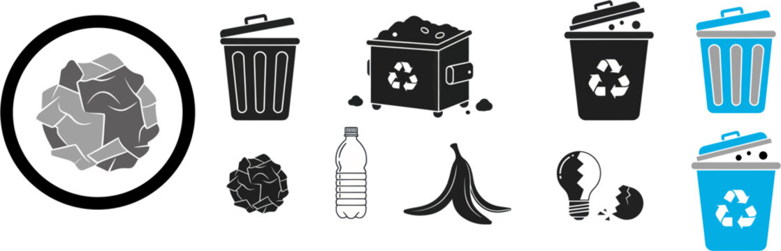A collection of various trash and recyclable items scattered around recycling bins and a magnified view of recyclables.