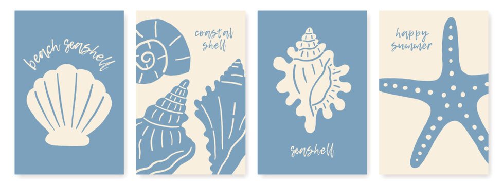 Minimal coastal illustration set featuring seashells and starfish. Hand drawn marine collection poster with nautical beach charm on clean backgrounds