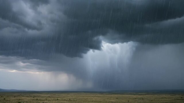 Dark storm clouds with heavy rain falling over a vast open plain