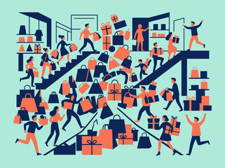 Obraz premium People rush through a store with many shopping bags and gifts