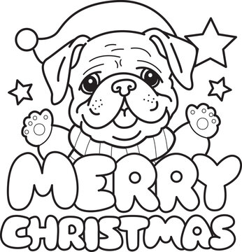 Coloring pages of Cute funny Bulldog sticker icon. Outline of Bulldog with christmas theme