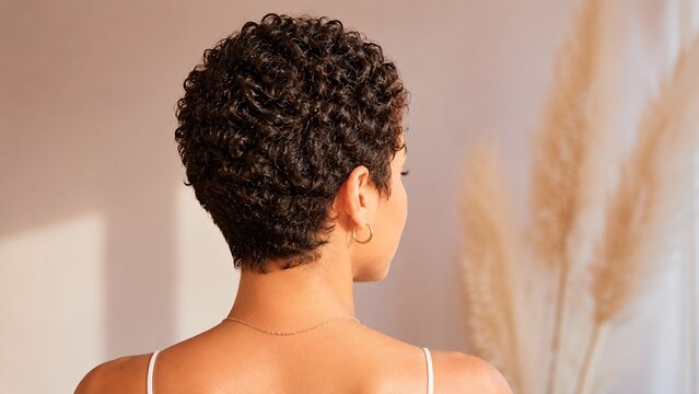 Back view of a short curly pixie cut with tight natural bouncy ringlets