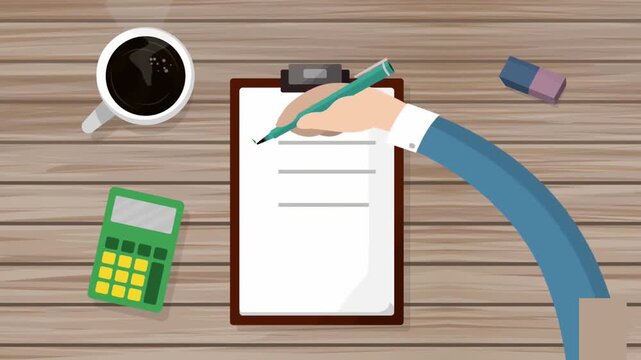 Animated Top Down View of Accountant Hand Signing Document on Clipboard with Calculator and Coffee, Financial Management Planning