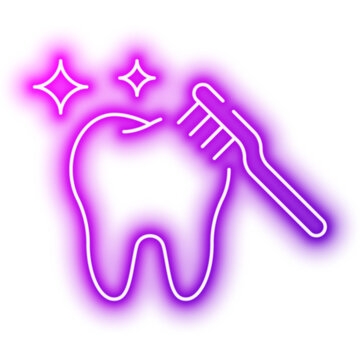 Toothbrush Cleaning Dental Tooth Surface Carefully. Neon glowing effect icon