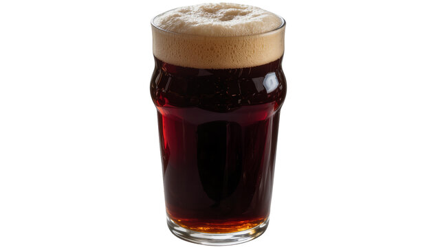 Isolated dark stout beer in a classic Nonic pint glass with creamy frothy head.