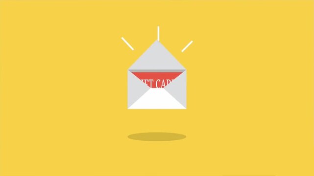 2D Animated Gift Card Flying Out of Envelope on Yellow Background, E-Commerce Retail Discount Voucher and Loyalty Program Reward