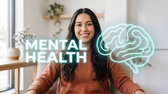Young Latino woman smiling next to a glowing brain icon and mental health text indoors