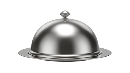 Isolated elegant shiny silver food cloche on a serving platter, classic metal dome cover © Gabriel