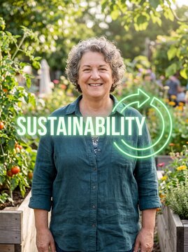 Smiling mature caucasian person stands in a community garden embracing sustainability