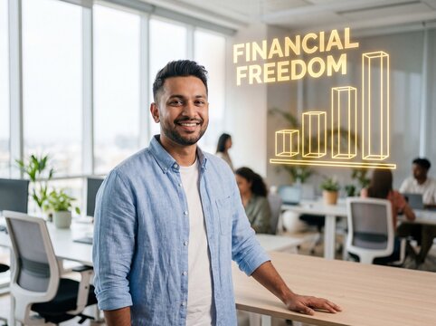 Confident young South Asian man smiling in office beside glowing financial freedom bar chart graphic
