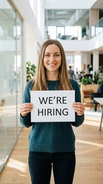 Smiling young caucasian woman holding a we are hiring sign in a bright modern office