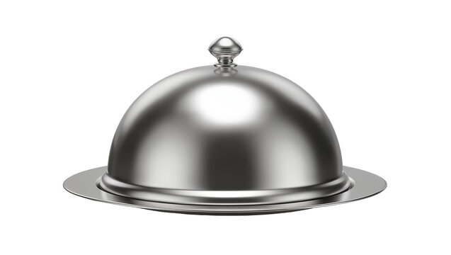 Isolated elegant shiny silver food cloche on a serving platter, classic metal dome cover