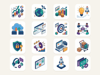 Fototapeta premium Isometric Business and Technology Icon Set for SaaS and Marketing Applications