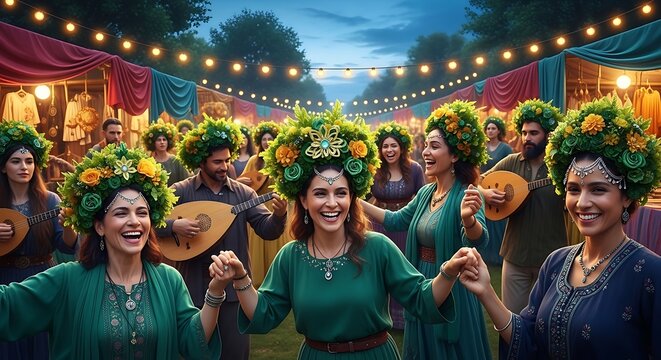 Joyful group of people dancing at a summer solstice festival with flower crowns.