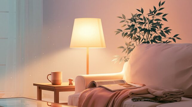 ランプが灯る夜のリビングルーム
