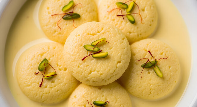 Ras malai dessert sits in a white bowl garnished with aromatic saffron strands and sliced green pistachios.
