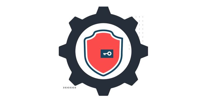 Security shield with key icon animation on white screen. Symbol of privacy and protection. 4K gear shield security system motion graphic.