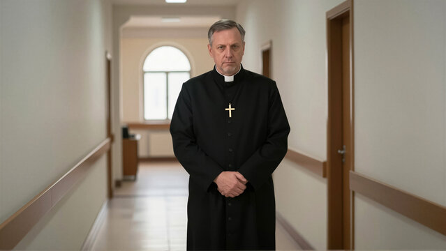 Solemn middle-aged Catholic priest in a black cassock standing in a hallway. He wears a clerical collar and a gold cross while looking at the camera with a serious look
