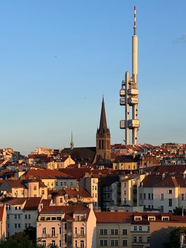 Žižkov Television Tower and Church of Saint Procopius in the Capital City of Prague, Czechia, May 2025