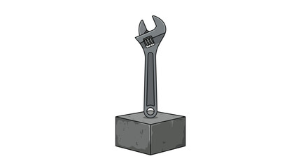Adjustable wrench standing upright on a solid stone block illustration © Elsuki