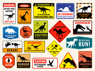 Set of dinosaur warning signs with silhouettes of raptors, sauropods, pterosaurs and prehistoric predators. Vector safety labels for park, road, crossing and danger concepts. © Oleg and Polly