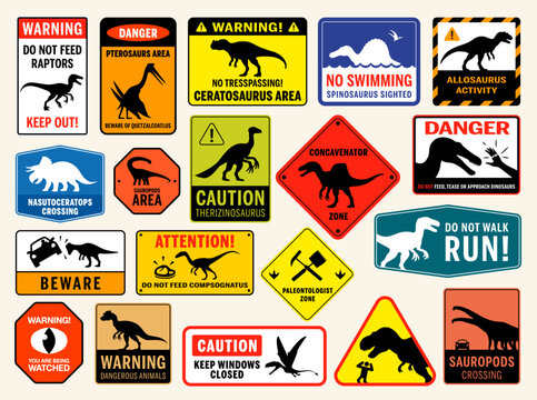 Set of dinosaur warning signs with silhouettes of raptors, sauropods, pterosaurs and prehistoric predators. Vector safety labels for park, road, crossing and danger concepts.
