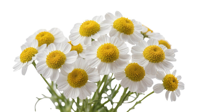 Isolated bouquet of fresh feverfew flowers with vibrant yellow centers and white petals