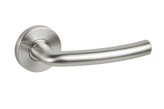 A metal handle is attached to a round base. It is used for opening and closing doors or cabinets. The setting appears to be inside a building
