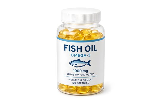 A jar of fish oil supplement sits on a flat surface. The jar is labeled with details about the contents and is filled with yellow softgels. The setting is clean and bright