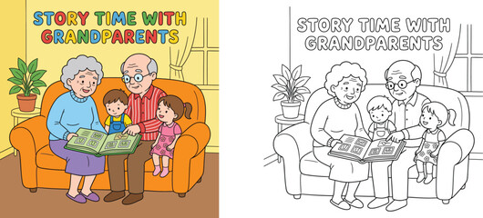 Story time with grandparents coloring book page and colored vector illustration of family reading book together on sofa