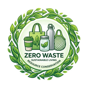 Circular green logo promoting zero waste, sustainable living, and resource conservation with reusable items like bags, bottles, and jars.