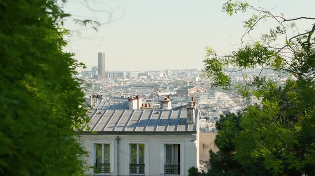 Panoramic high-angle view over classic zinc rooftops of Montmartre looking out across the expansive Paris cityscape and distant skyline under a bright summer sky.