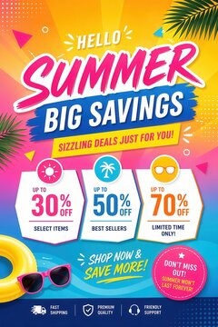 Vibrant summer sale banner with tropical discounts colorful shopping promotion and beach theme