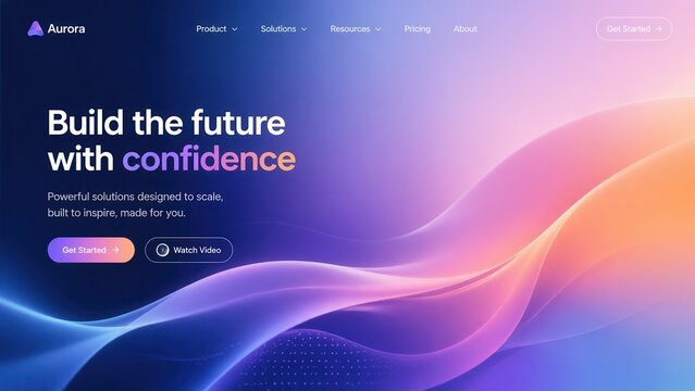 Futuristic technology website landing page with glowing gradient waves and modern digital interface