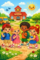 Fototapeta premium Happy school children walking together near school building on sunny day with backpacks and books
