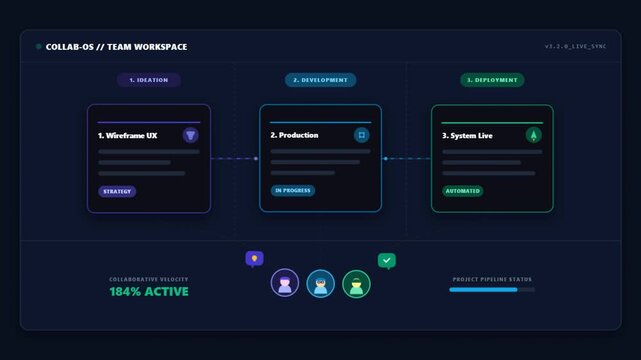 Digital Project Management Dashboard featuring a Collaborative Team Workspace with Software Development Stages including Ideation Development and Deployment Pipeline UI.