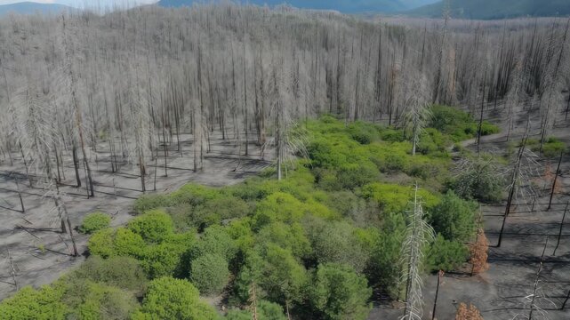Aerial view of a desolate forest landscape featuring a striking contrast between scorched dead trees and a vibrant patch of healthy green lush deciduous vegetation