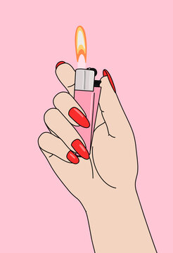 Vector Illustration of Female Hand Holding a Pink Lighter with Fire Flame isolated on Pink Background