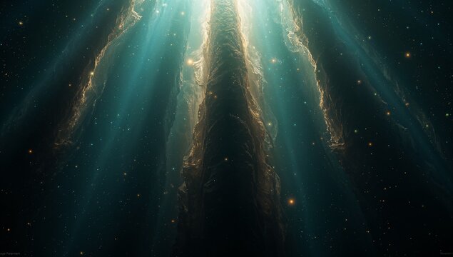 Ethereal Light Rays Penetrating Through Mystical Cloud Formation in the Night Sky