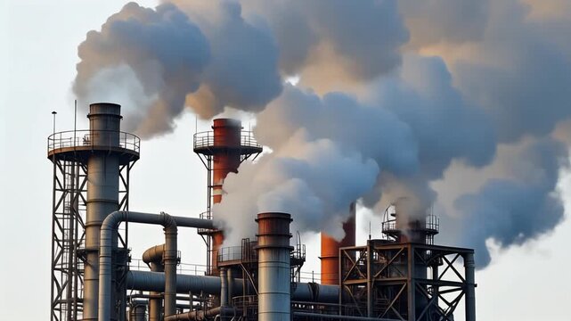 Industrial factory chimneys emitting heavy white smoke into the sky during a clear day, high resolution motion video footage background